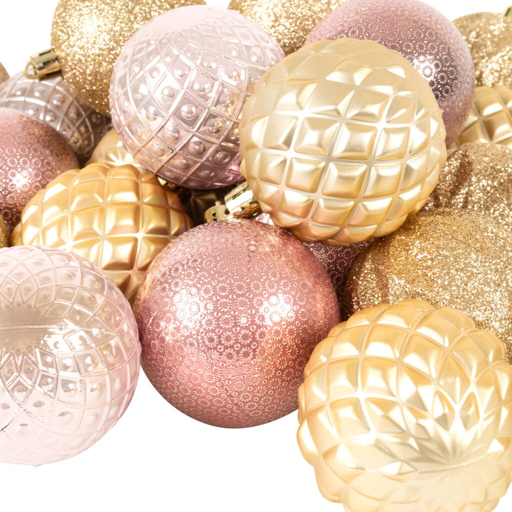 Weihnachtskugeln, 35 Stk., rosé/gold/champagner, je Ø 6 cm, 5 verschiedene Designs