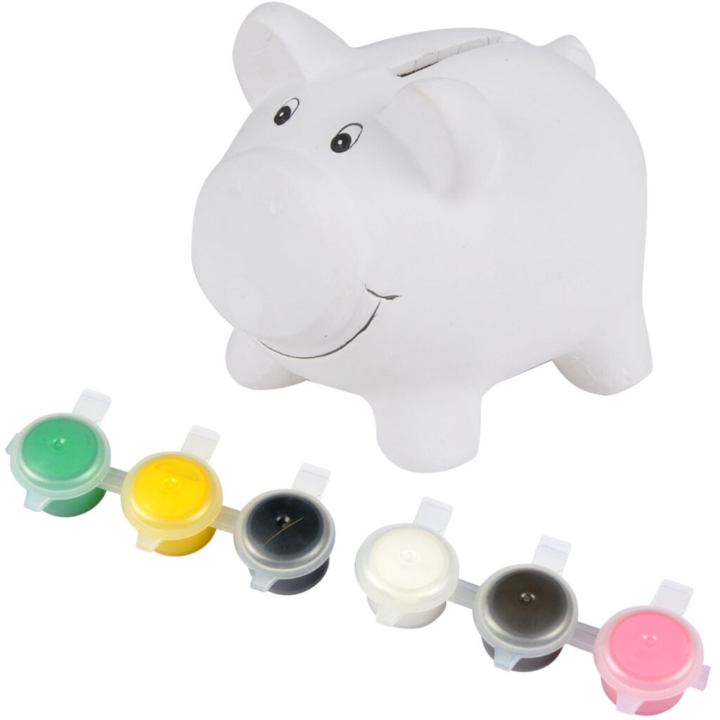Keramik-Sparschwein zum Bemalen, H11 cm mit 6 bunten Farben
