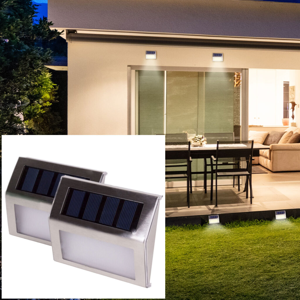 Solar-LED-Aussenwandleuchte aus Edelstahl, 2 Stück