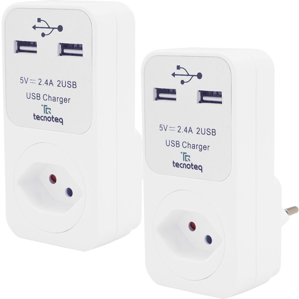 2er-Set Steckdose mit 2x USB-Ladeport 2.4A Überspannungsschutz, Swiss-Edition