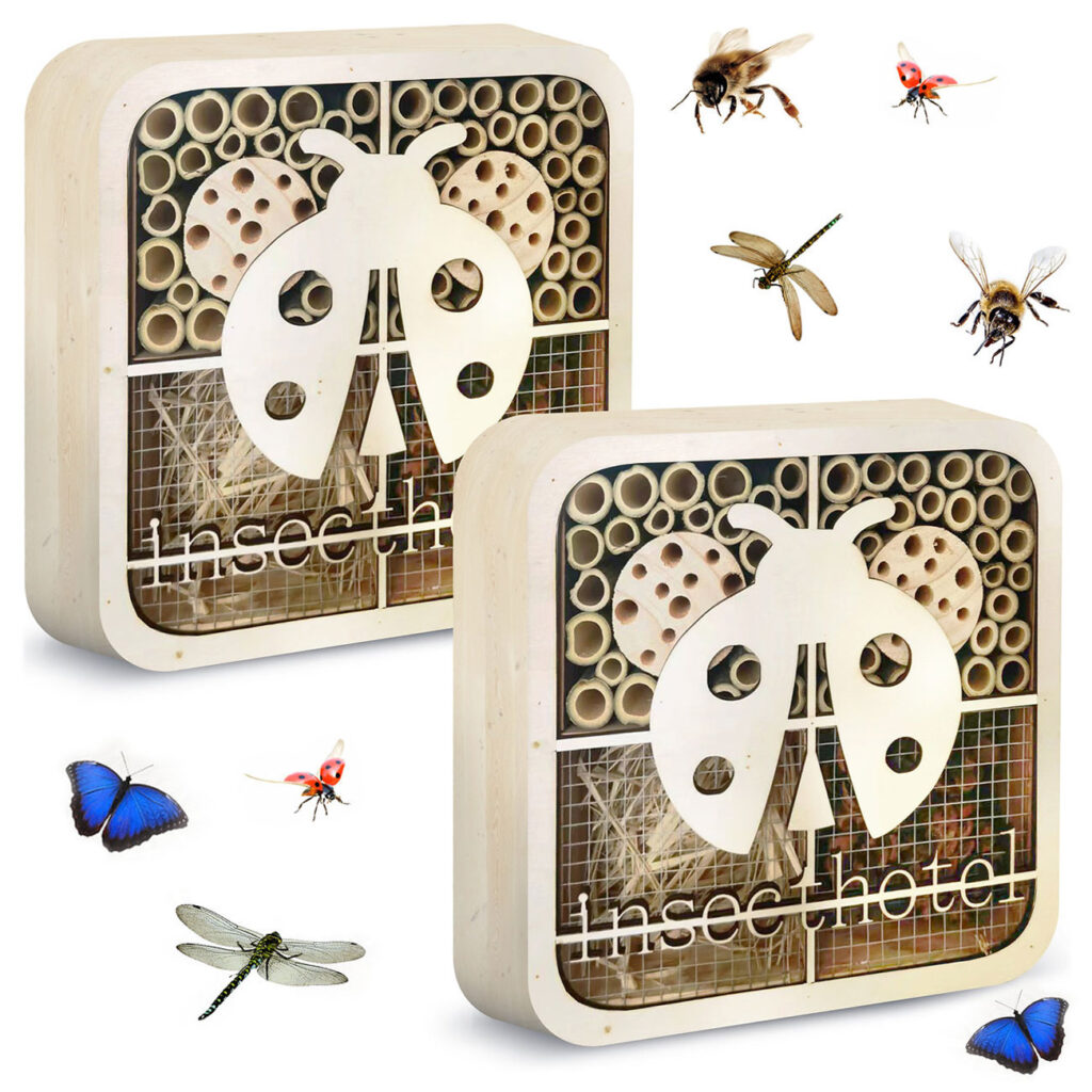 2er-Set Insektenhotel „Marienkäfer“, kinderfreundlich, Naturholz, 20 x 20 x 7 cm