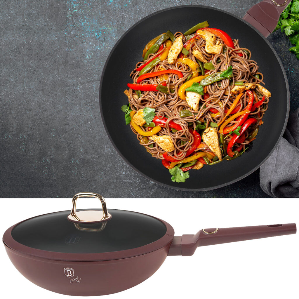 Design Wokpfanne mit Glasdeckel, 28cm, bordeaux Design Wokpfanne mit Glasdeckel, 28cm, bordeaux
