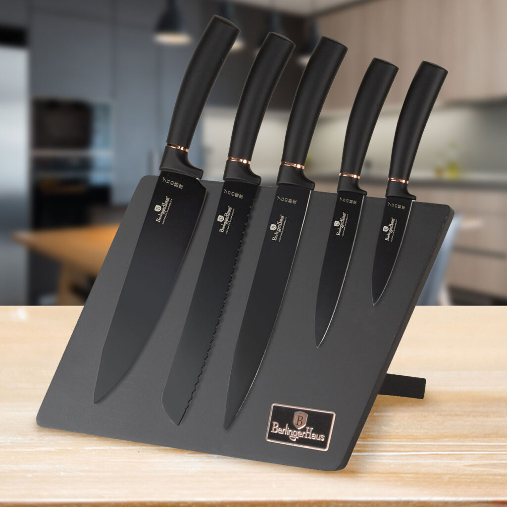 Design Messerset inkl. magnetischem Messerhalter, 6-teilig, schwarz-roségold