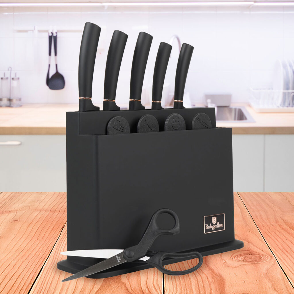 Design Messerset inkl. Messerhalter, Schneidebretter & Schere, 11-teilig, schwarz-roségold