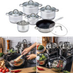 Edles Kochtopf-Set aus Edelstahl mit Glasdeckel, dunkle Griffe, 6-teilig