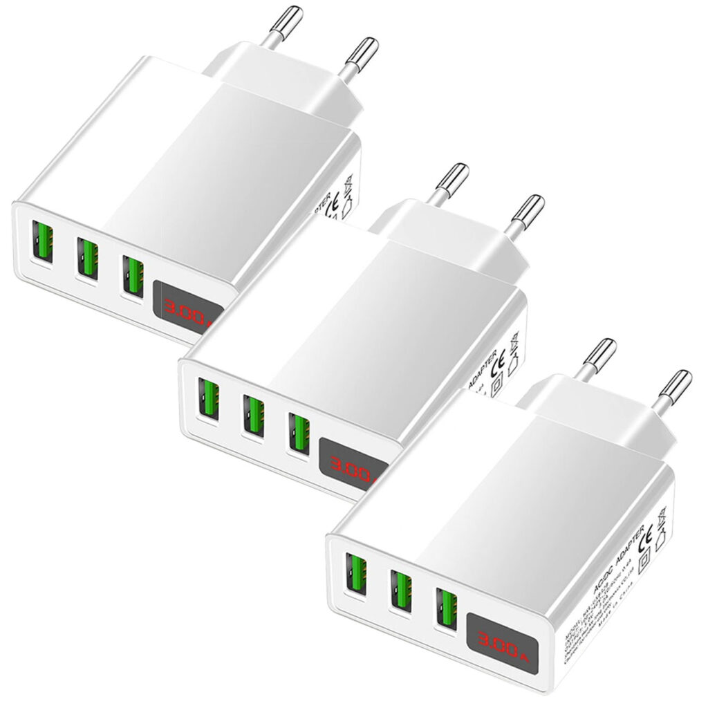 3er-Set Intelligentes 3-Port USB-Netzteil mit LED-Anzeige, weiss 3er-Set Intelligentes 3-Port USB-Netzteil mit LED-Anzeige, weiss