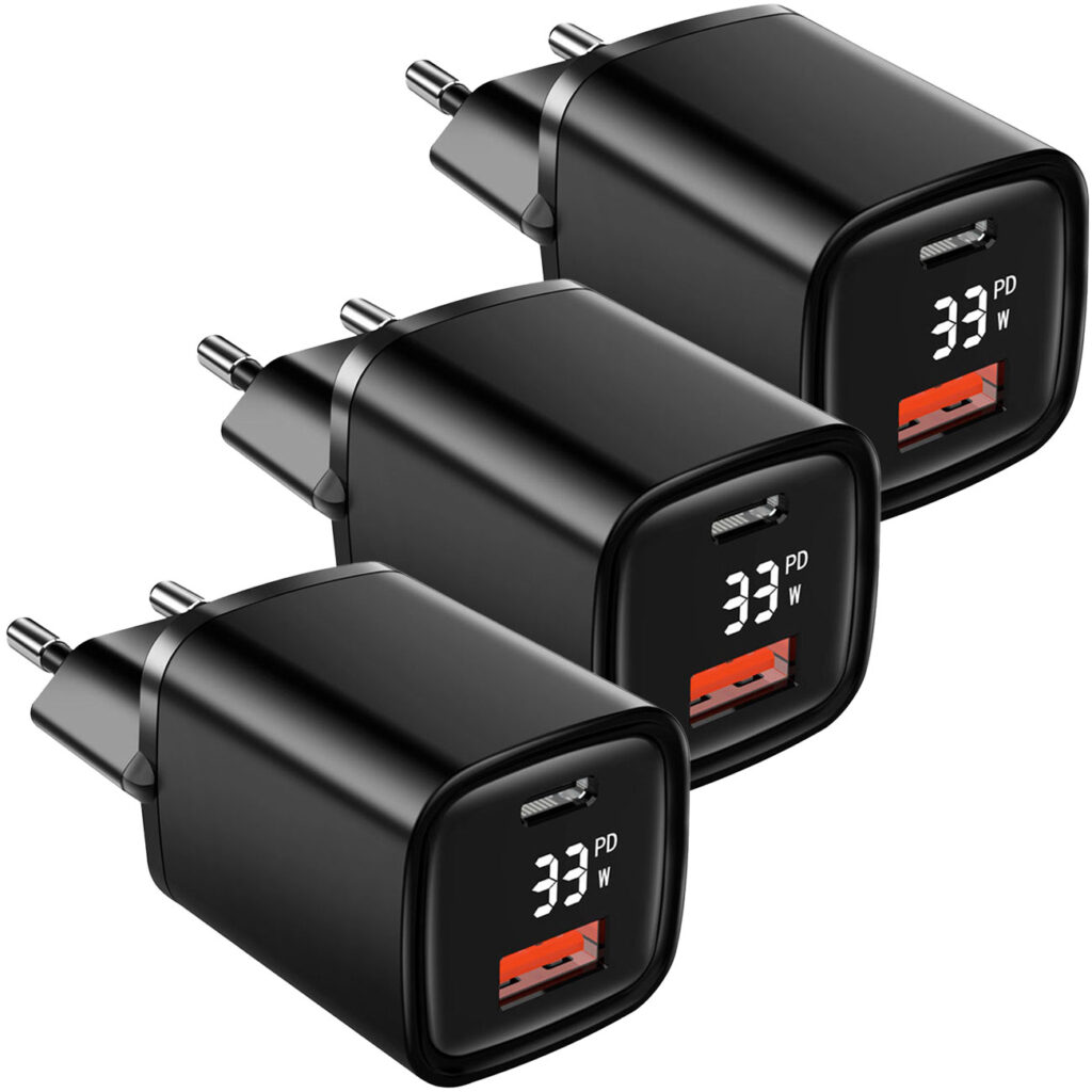 3er-Set Ladegerät, Lade Adapter, Dual Port, USB-C und USB-A,, Schnellladegerät, schwarz