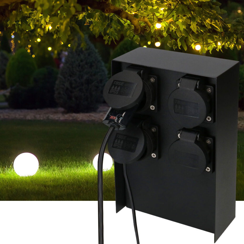 Gartensteckdosensäule aus Stahl mit 4 Steckdosen Typ 13, IP55, schwarz Gartensteckdosensäule aus Stahl mit 4 Steckdosen Typ 13, IP55, schwarz