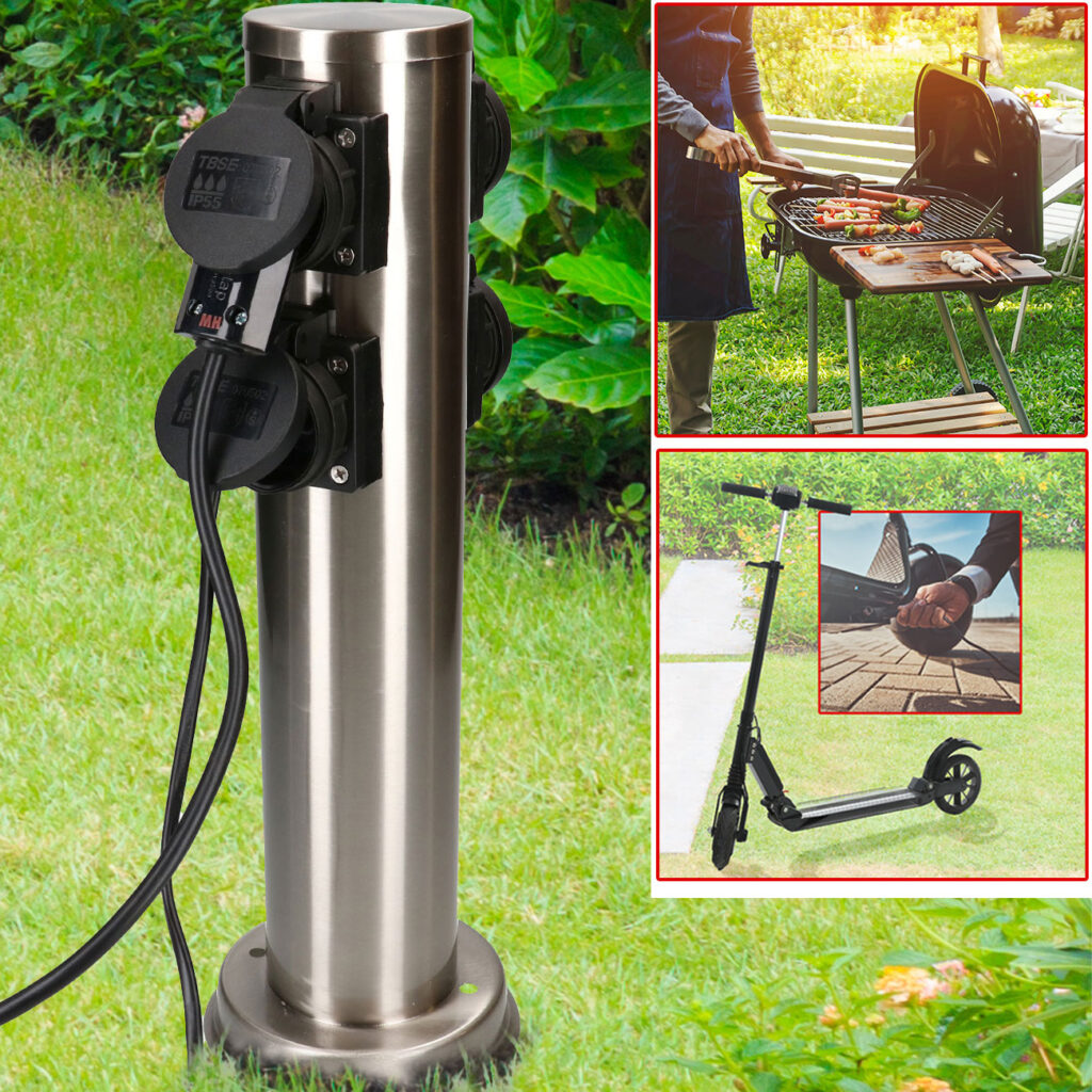 2er-Set Runde Gartensteckdosensäule mit 4 Steckdosen Typ 13, IP55, schwarz/silber 2er-Set Runde Gartensteckdosensäule mit 4 Steckdosen Typ 13, IP55, schwarz/silber