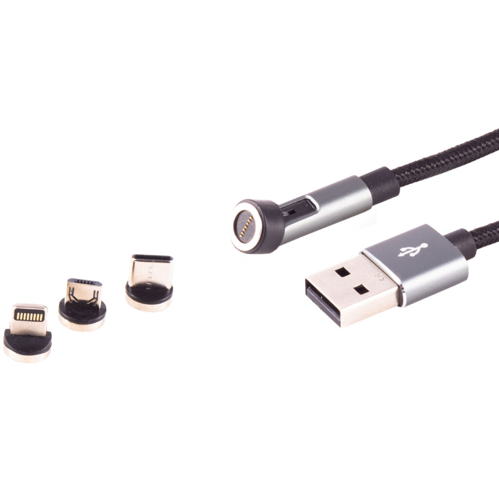 3in1 Magnet Daten- & Ladekabel, USB Micro-B, USB-C & Lightning, schwarz, 2 m
