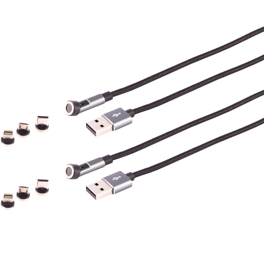 2er-Set 3in1 Magnet Daten- & Ladekabel, USB Micro-B, USB-C & Lightning, schwarz, 2 m