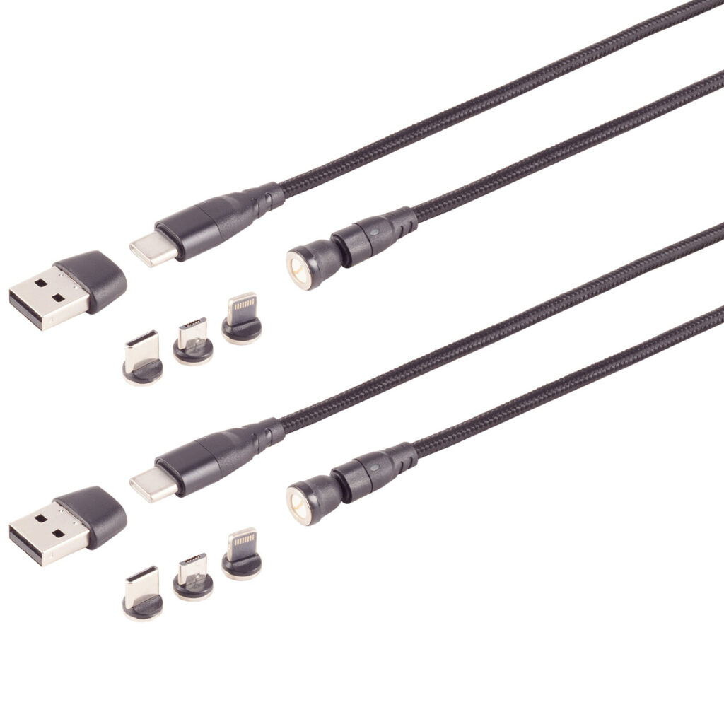 2er-Set 6in1 Magnet Ladekabel, PD 60 W, USB-C/A auf Micro-B, USB-C & Lightning, 2m