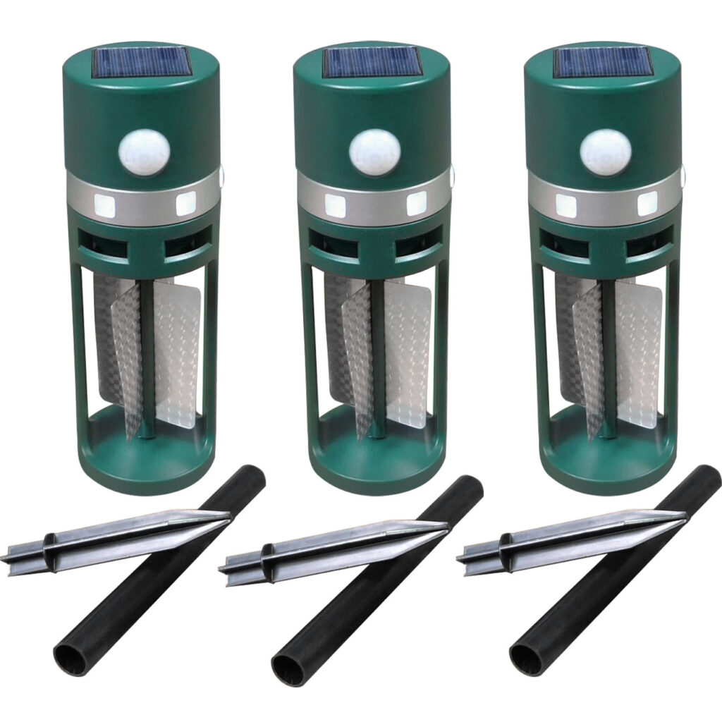 3er-Set Solar Tiervertreiber mit Erdspiess und Bewegungssensor, Ultraschall und Lichtblitz