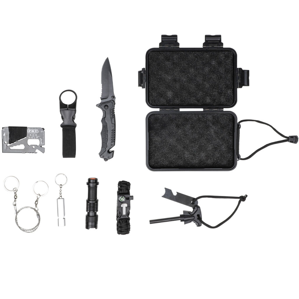 Praktisches Survival-Kit mit Wasserflasche, Klappmesser, Multitool uvm. , 9-teilig