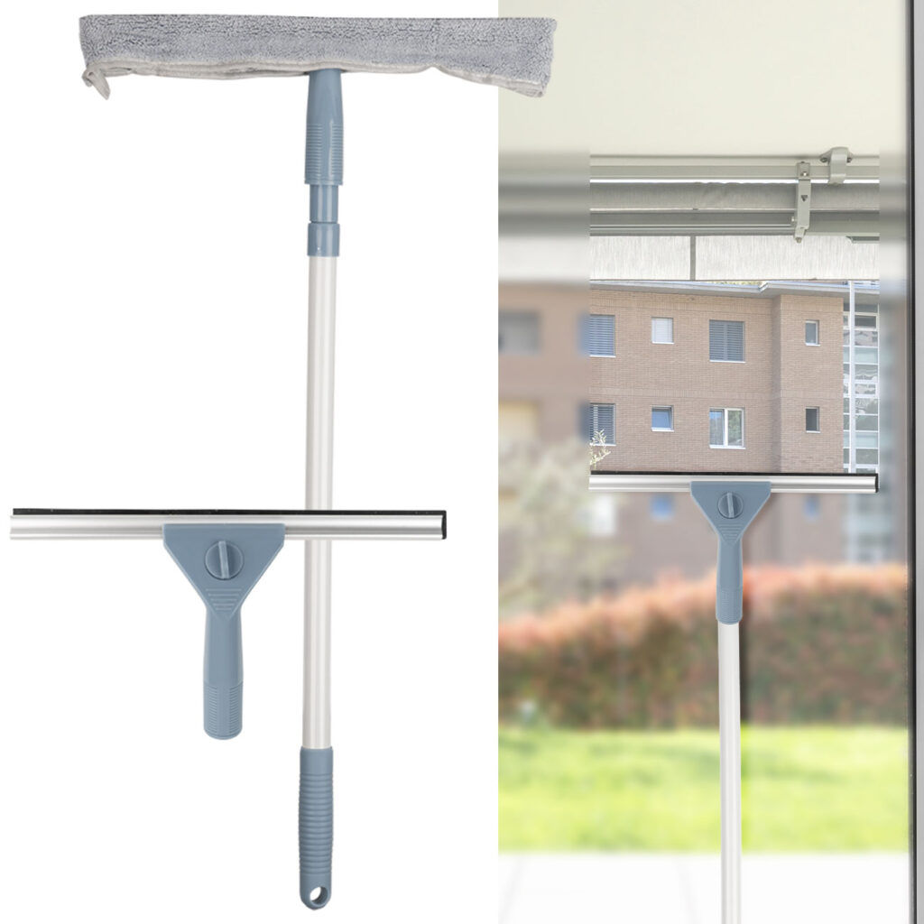 Reinigungsset 4-teilig mit Fensterabzieher, Schwamm, Fensterwischer und Teleskopstil