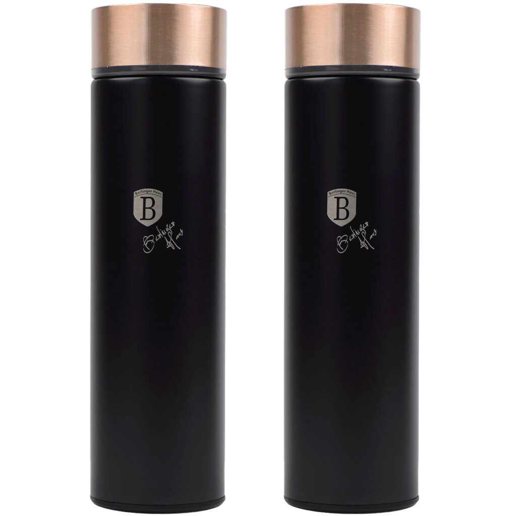2er-Set Trinkflasche mit LED-Temperatur-Anzeige, 450 ml, Edelstahl, schwarz-roségold