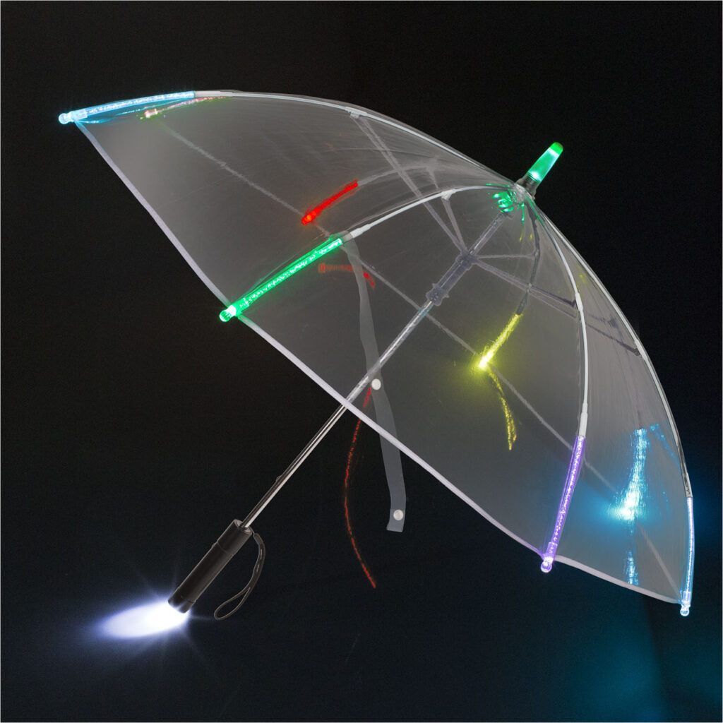 LED Regenschirm, transparent, 10 Farbwechsel LED, 2 Leuchtmodi und Taschenlampe, Ø 98 cm