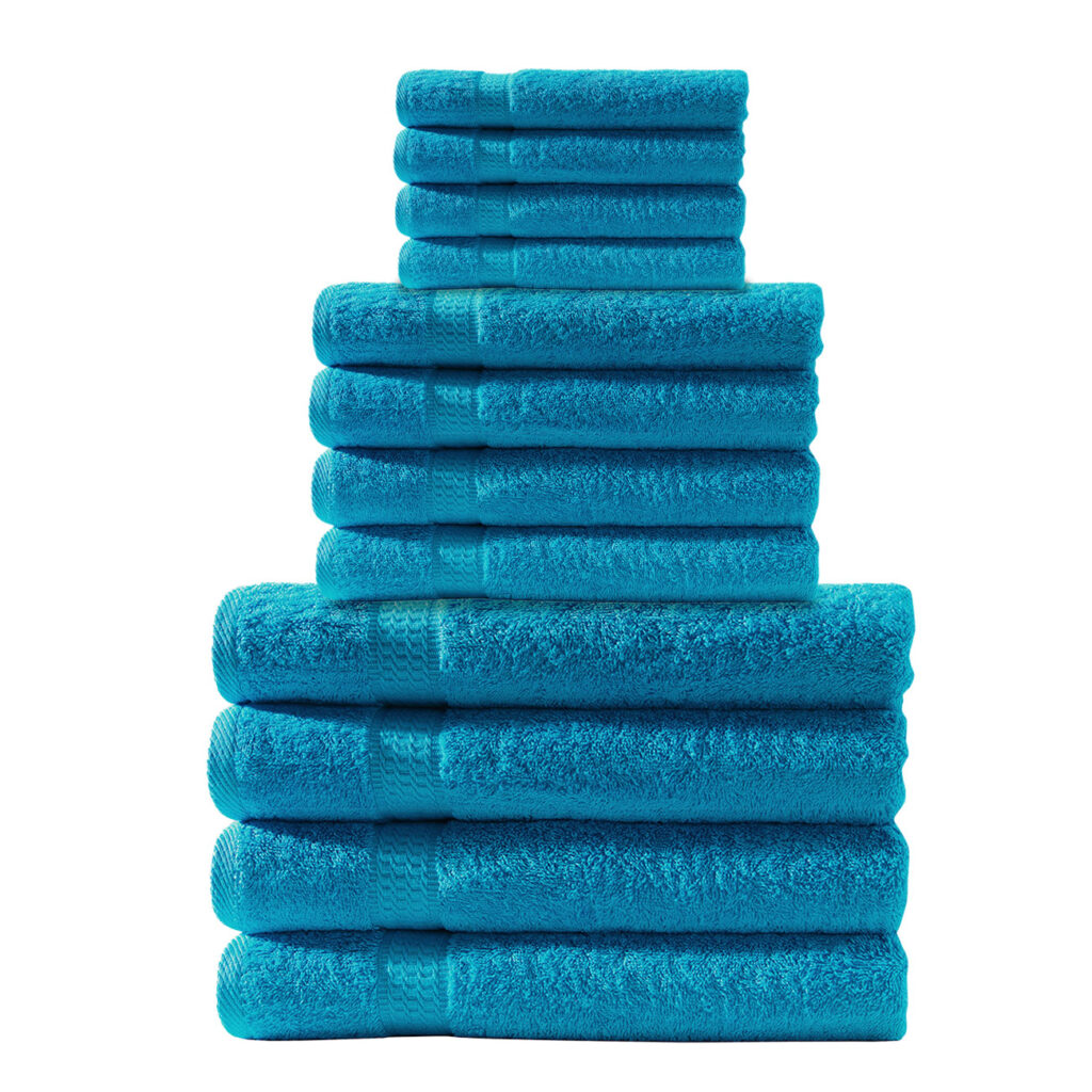 Handtuchset 12-teilig, je 4 Gäste-, Hand- und Badetücher, 100% Baumwolle, türkis