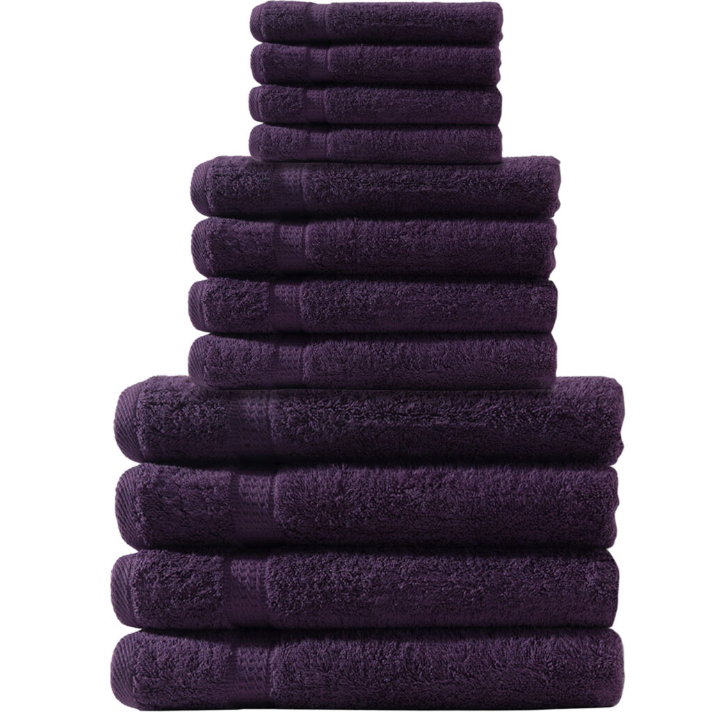 Handtuchset 12-teilig, je 4 Gäste-, Hand- und Badetücher, 100% Baumwolle, aubergine