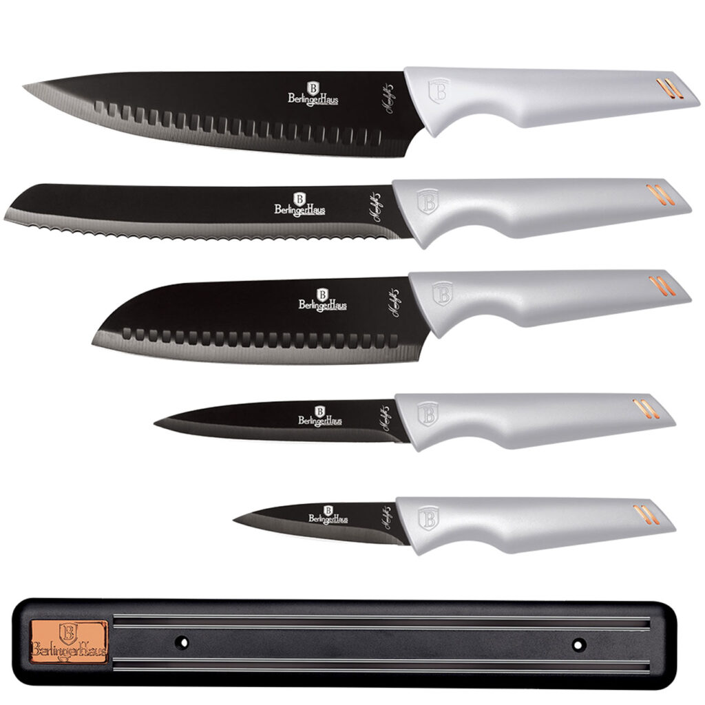 5 Profi-Küchenmesser mit Magnetleiste, grau-schwarz