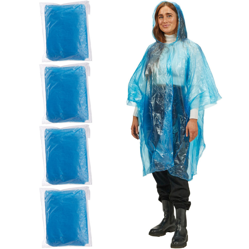 4er-Set Notfall Regenponcho mit Kapuze und Ärmeln, blau, ca. 120cm