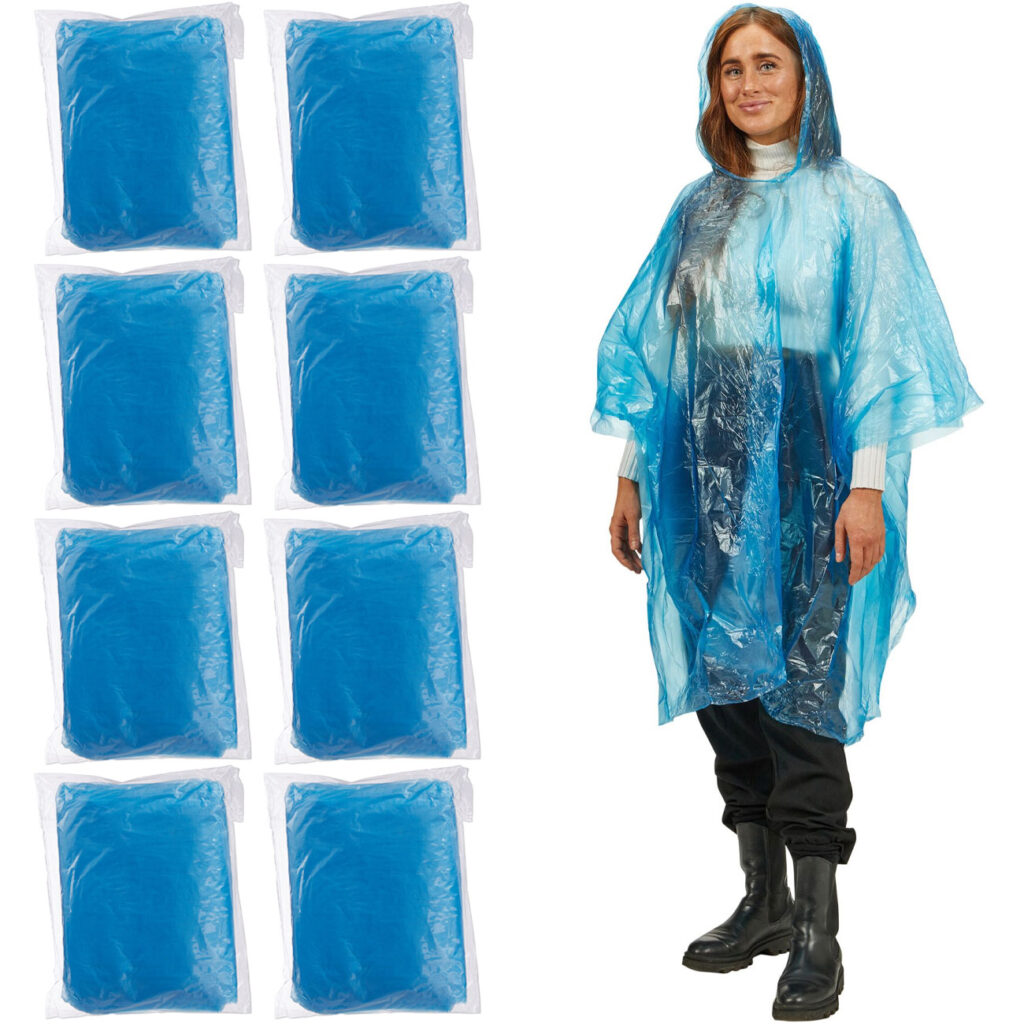 8er-Set Notfall Regenponcho mit Kapuze und Ärmeln, blau, ca. 120cm