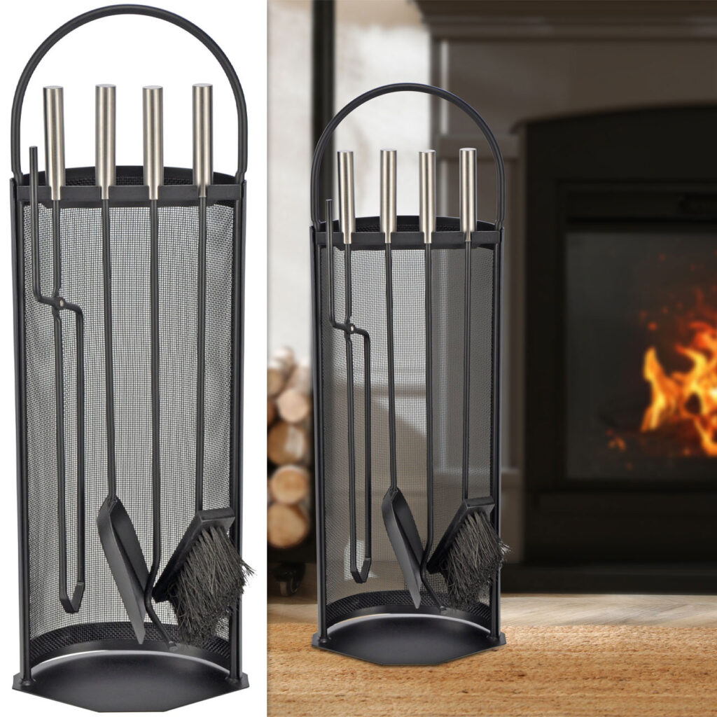 Kaminbesteck 4-teilig, Kamingarnitur inkl. Ständer, schwarz