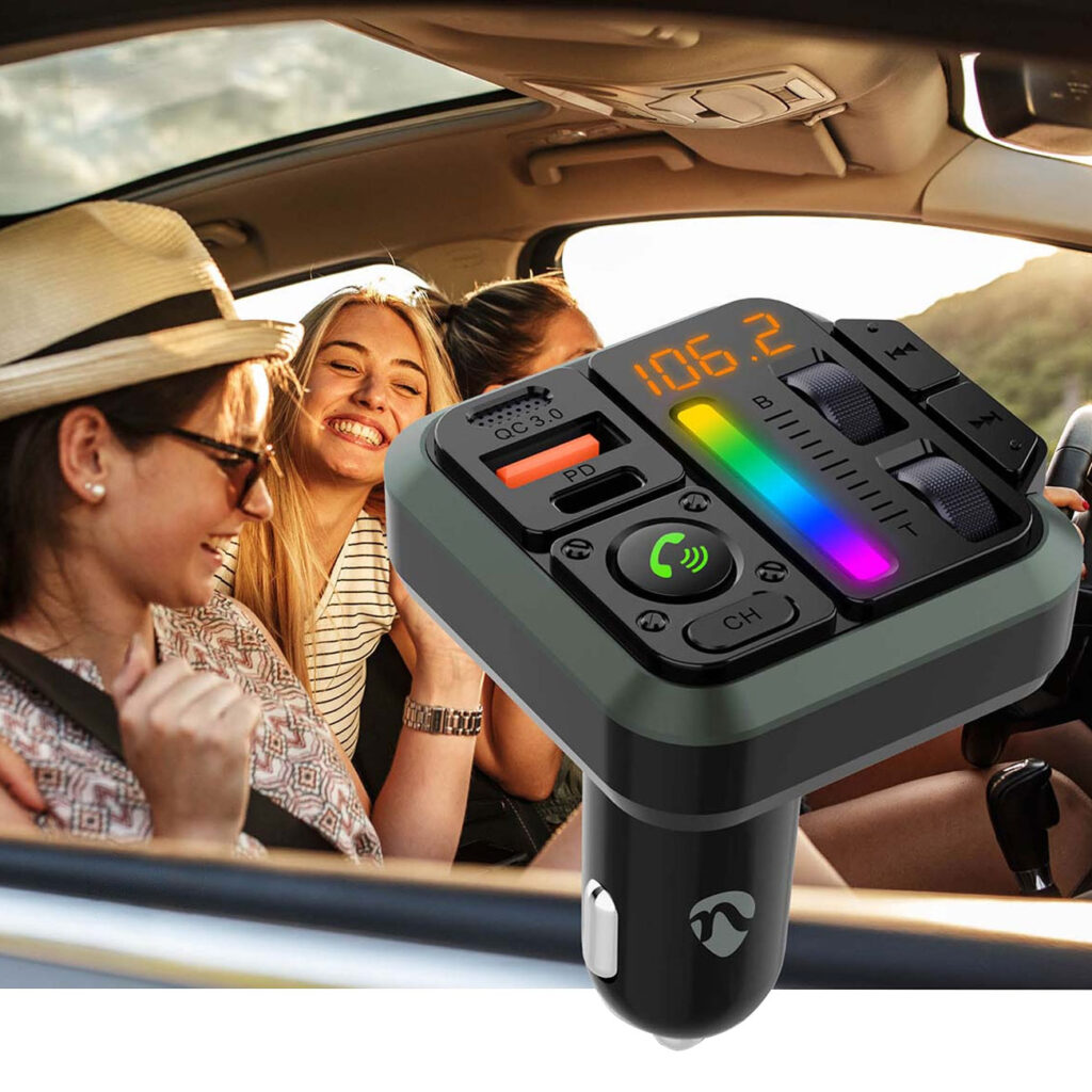 FM-Transmitter mit Bluetooth und Freisprechfunktion, LED-Licht, USB