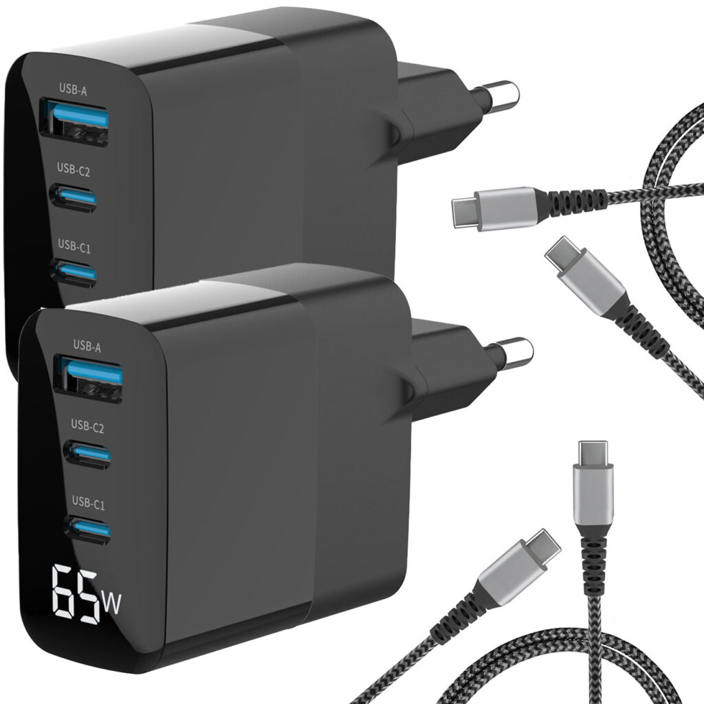 2er-Set USB Ladegerät mit Ladekabel, 3 Ports, 2x Typ-C & 1x Typ-A, 65 Watt, schwarz 2er-Set USB Ladegerät mit Ladekabel, 3 Ports, 2x Typ-C & 1x Typ-A, 65 Watt, schwarz