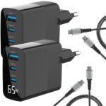 2er-Set USB Ladegerät mit Ladekabel, 3 Ports, 2x Typ-C & 1x Typ-A, 65 Watt, schwarz