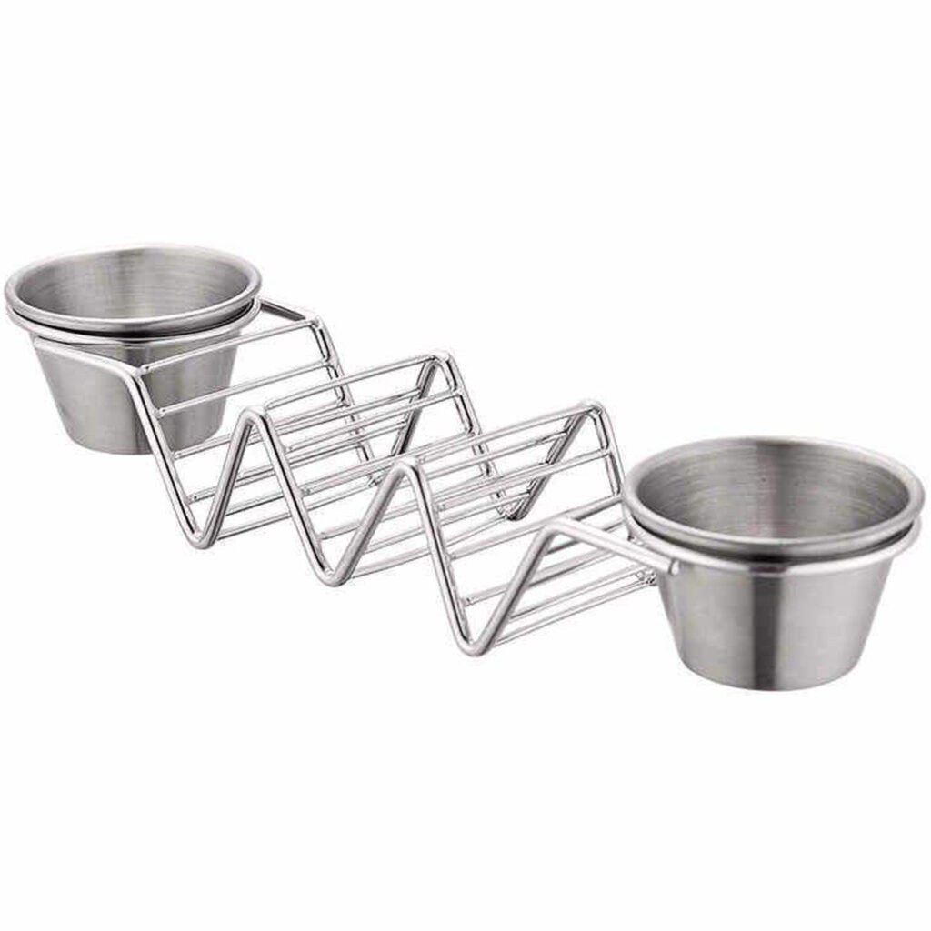 Taco Halter mit 2 Saucenschalen aus Edelstahl Taco Halter mit 2 Saucenschalen aus Edelstahl