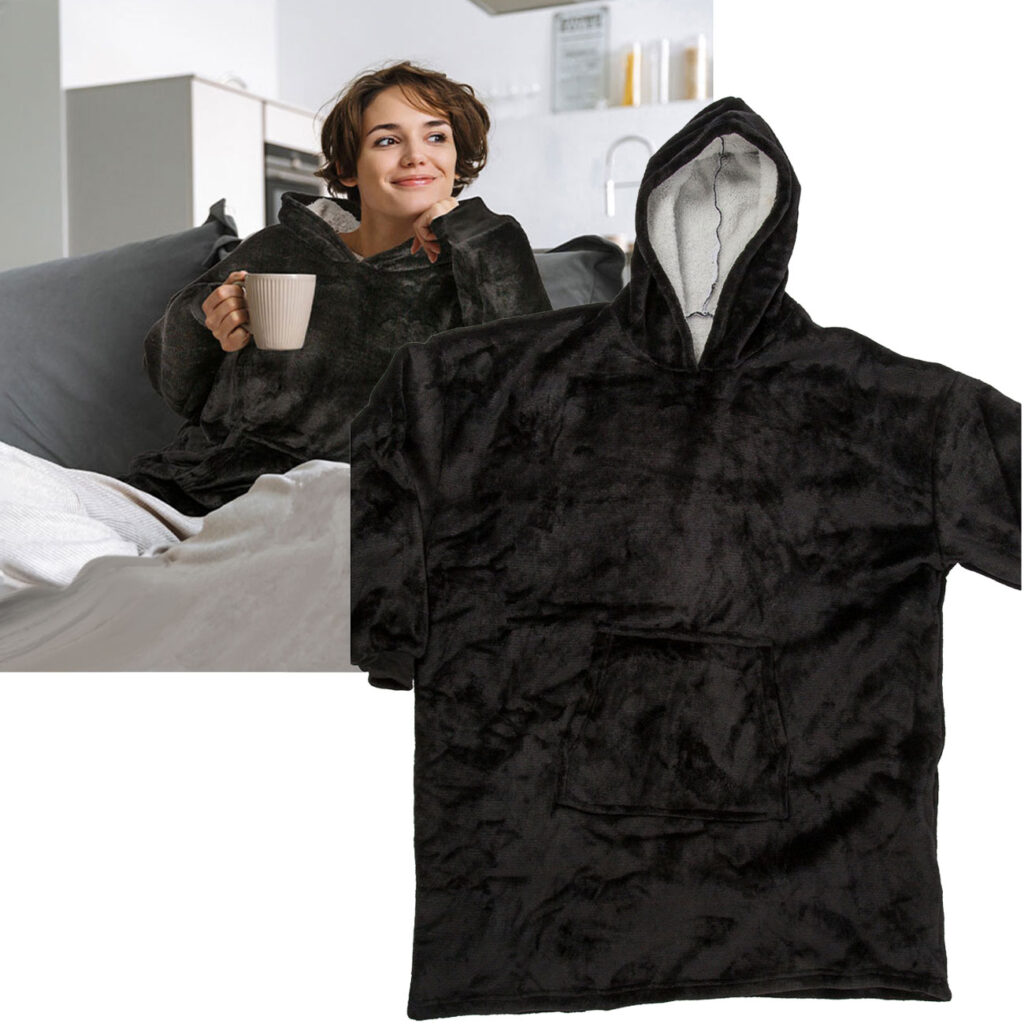 XXL Kuscheldecke mit Ärmeln, Kapuze & Bauchtasche, schwarz