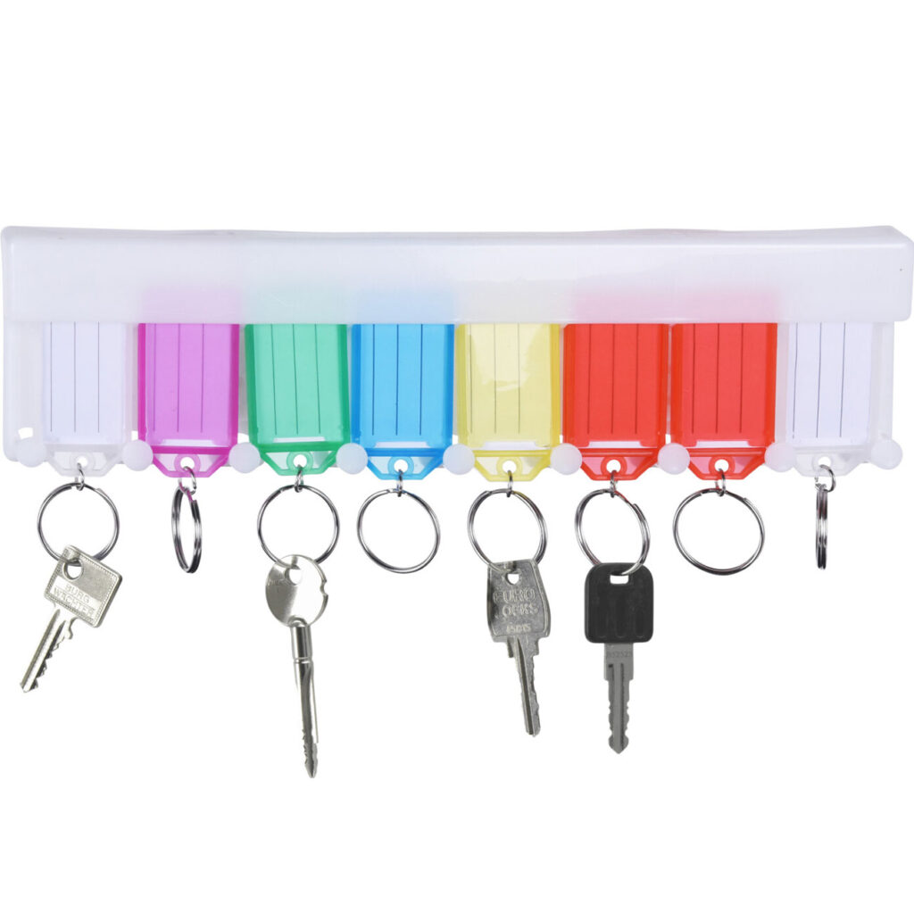 Mini-Schlüsselbrett mit 8 bunten Schlüsselanhängern, beschriftbar
