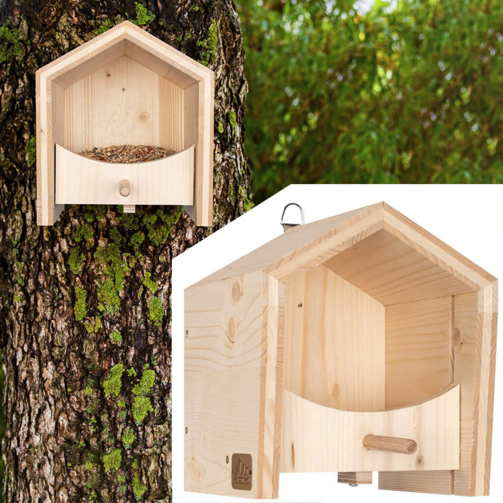 Vogel-Futterhaus aus Fichtenholz mit Sitzstange Vogel-Futterhaus aus Fichtenholz mit Sitzstange