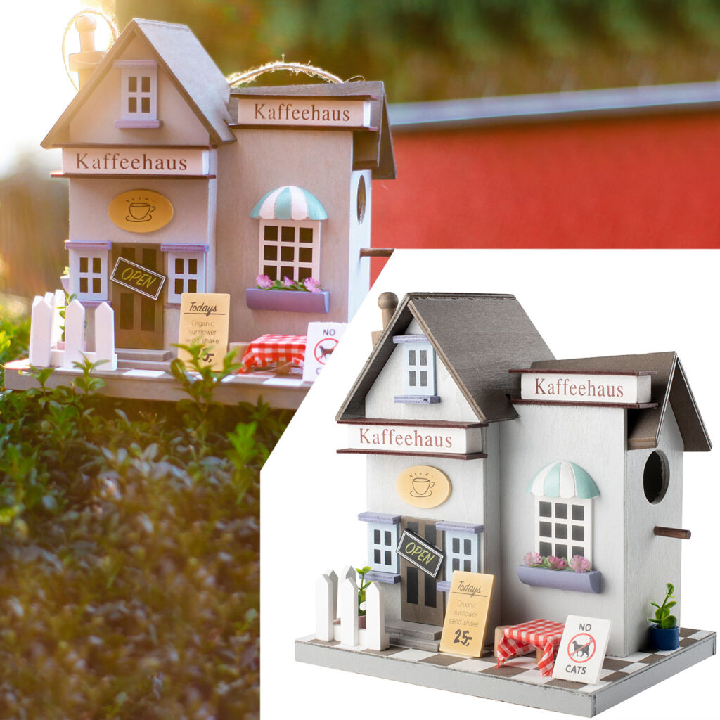 Nisthilfe in Kaffeehaus-Optik aus Holz, mit liebevollen Details
