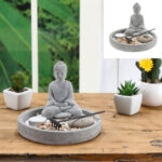 Zen-Garten-Set mit Teelichthalter und Buddha-Figur, 7-teilig, rund