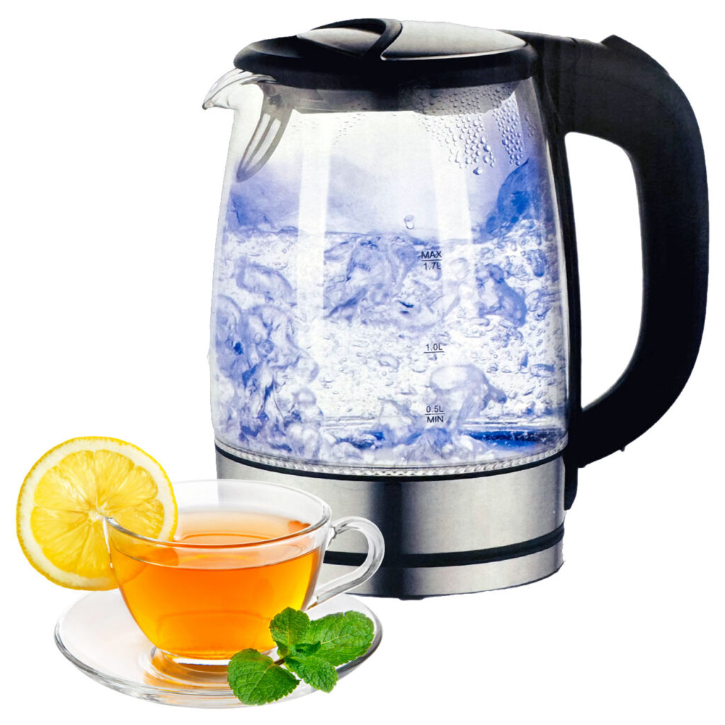 Wasserkocher aus Glas und Edelstahl, inkl. blauer LED-Beleuchtung, 1,7 Liter