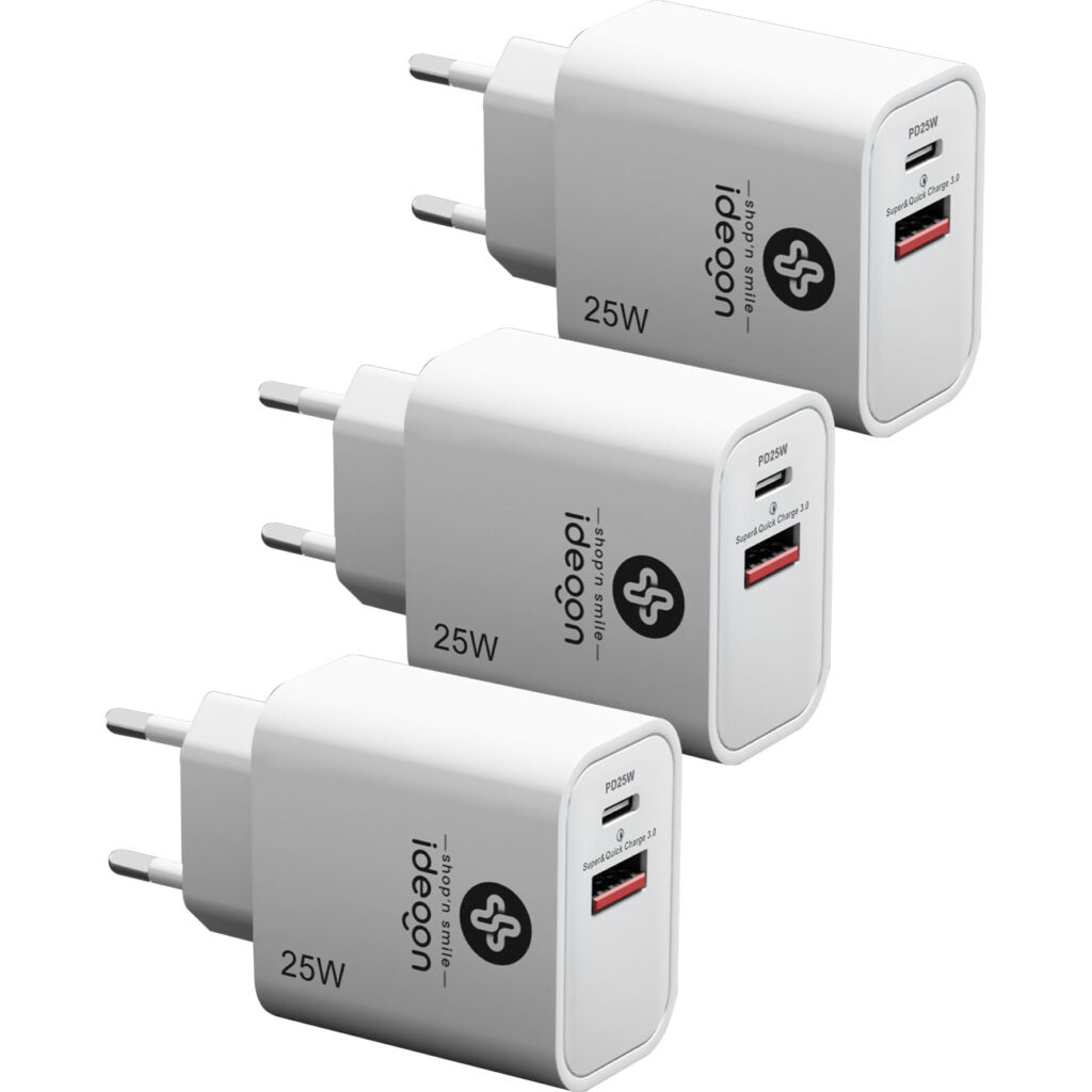 3er-Set Dual 25Watt USB Ladegerät, 1x USB-C und USB-A, PD- & QC-Netzteil, weiss