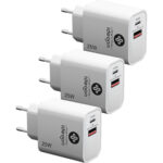 3er-Set Dual 25Watt USB Ladegerät, 1x USB-C und USB-A, PD- & QC-Netzteil, weiss