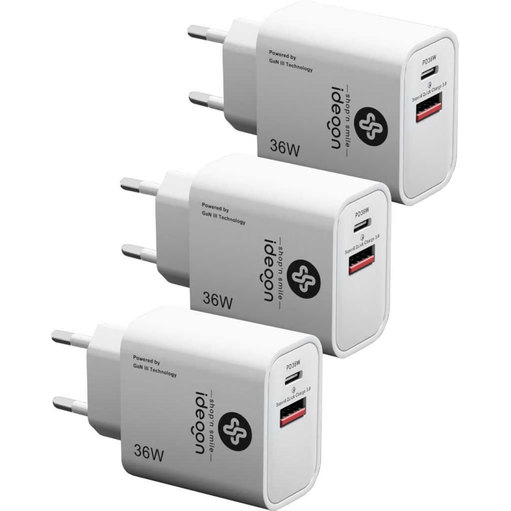 3er Set Dual 36Watt USB Ladegerät, 1x USB-C und USB-A, PD- & QC-Netzteil, GaN III, weis