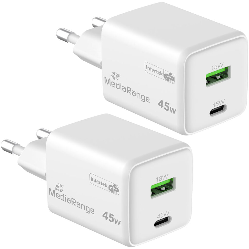 2er-Set Dual Schnellladeadapter, GaN, 1x USB-C und USB-A, PD & QC, 45 Watt, weiss