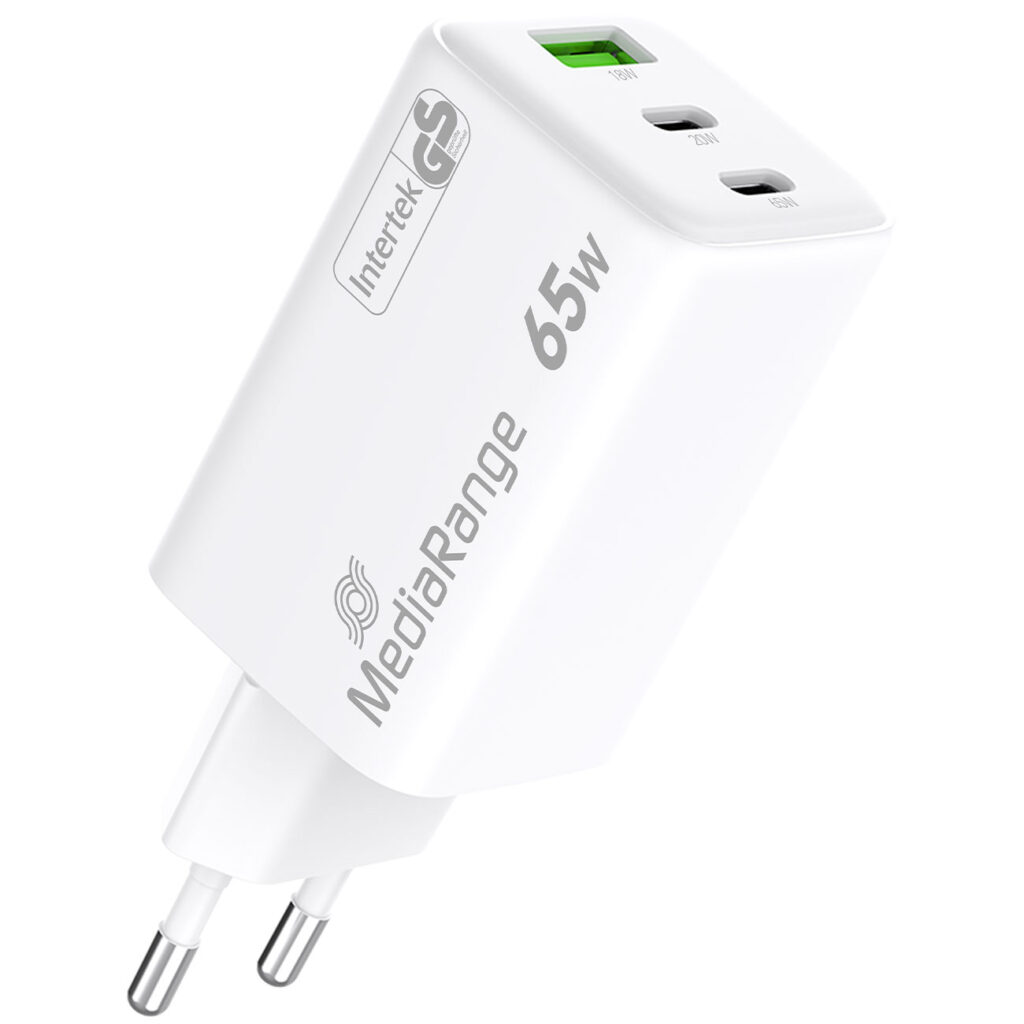 Schnellladeadapter, GaN, 2x USB-C und 1x USB-A, PD & QC, 65 Watt, weiss