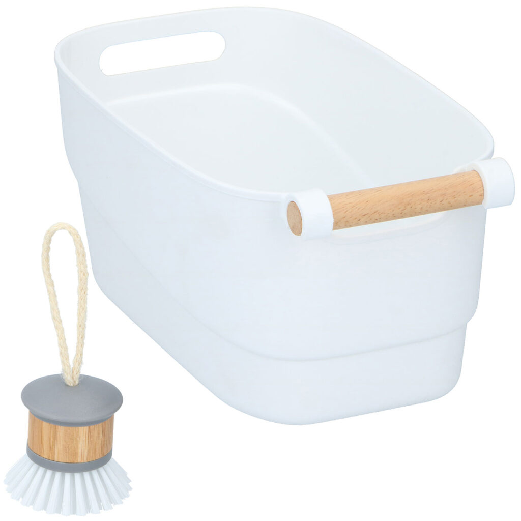 Küchenbox und Geschirrbürste, Bambusgriff, weiss-grau