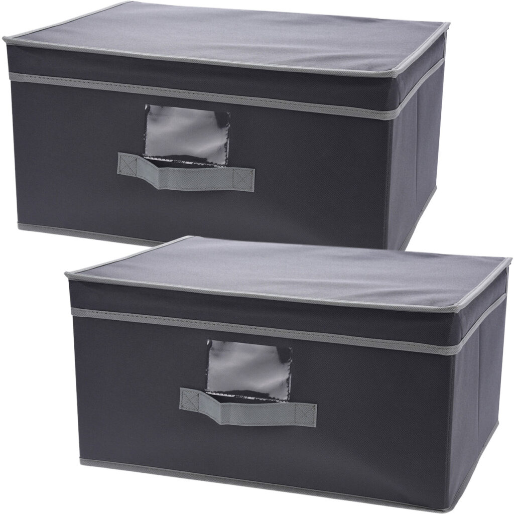 2er-Set Aufbewahrungsbox mit Deckel & Henkel, faltbar, 31 x 15,5 x 28 cm, schwarz