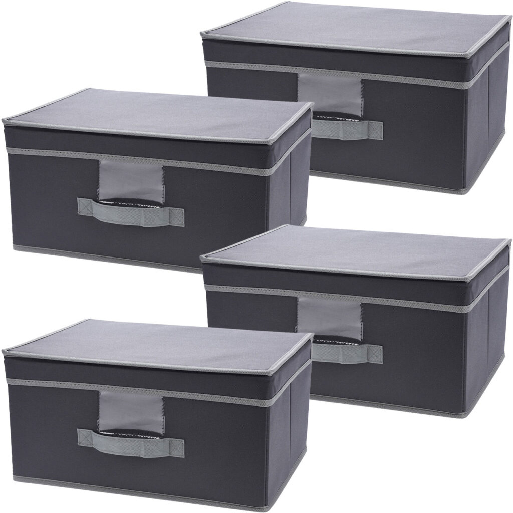 4er-Set Aufbewahrungsbox mit Deckel & Henkel, faltbar, 39 x 19 x 29 cm, schwarz