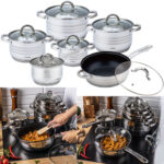 Edles Kochtopf-Set aus Edelstahl mit Glasdeckel, silberne Griffe, 6-teilig