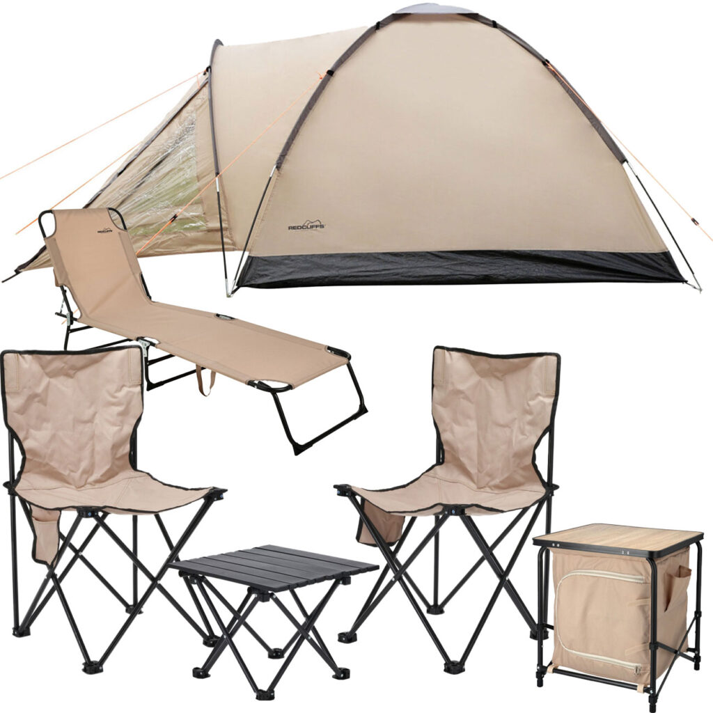 Camping-Set: Faltschrank, Tisch-Stuhl-Set, Iglu-Zelt und Sonnenliege Camping-Set: Faltschrank, Tisch-Stuhl-Set, Iglu-Zelt und Sonnenliege