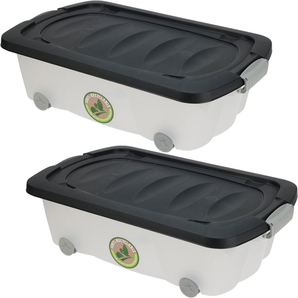 2er-Set Unterbettkommode Kunststoff, mit Deckel und Rollen, 60 x 38 x 17,5 cm