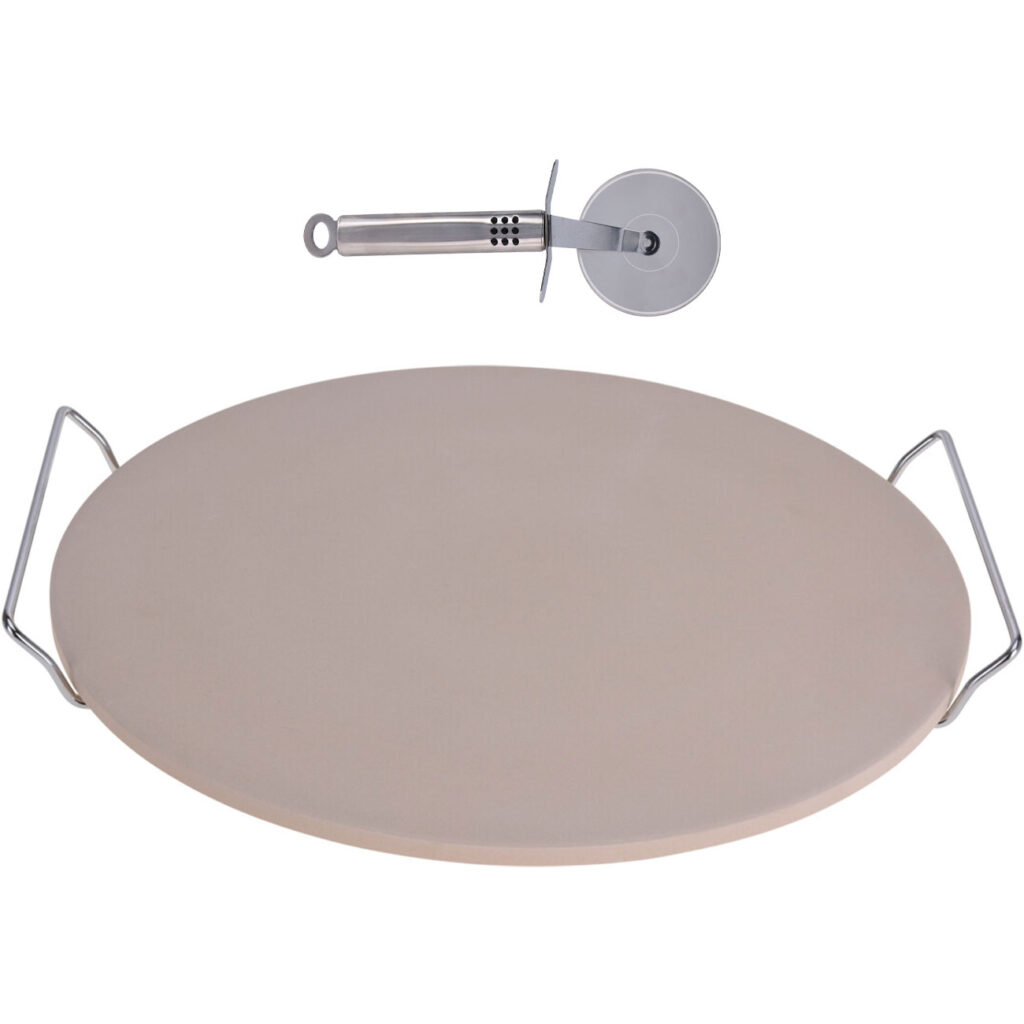 Pizzastein mit Metallhalter und Pizzaschneider, Ø 33 cm