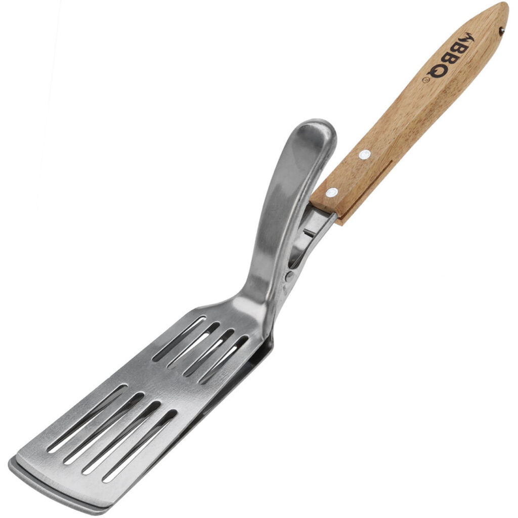 2in1 Edelstahl-Grillwender mit Holzgriff & integriertem Greifer